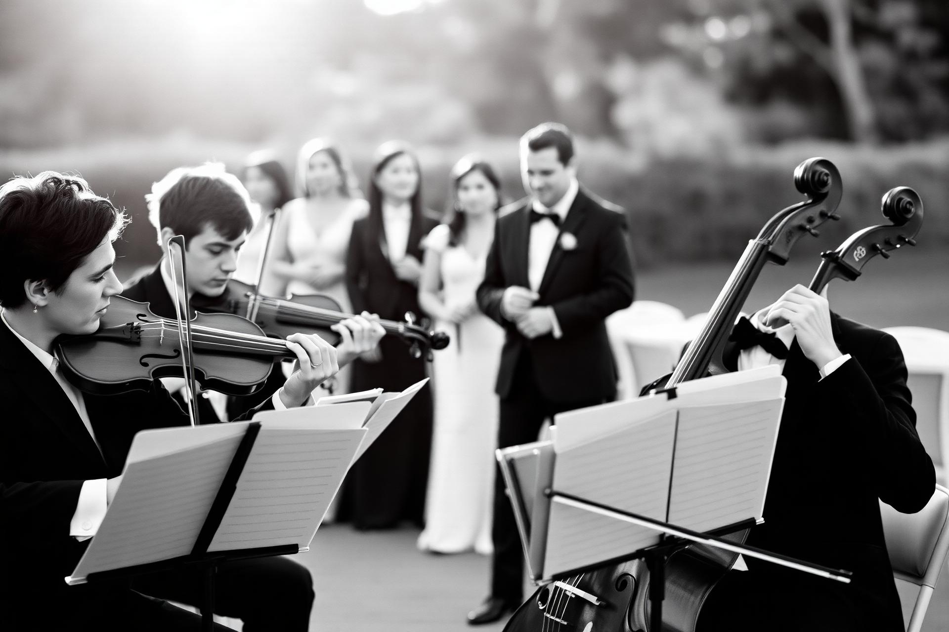 Quarteto de cordas tocando em cerimônia de casamento ao ar livre em São Paulo