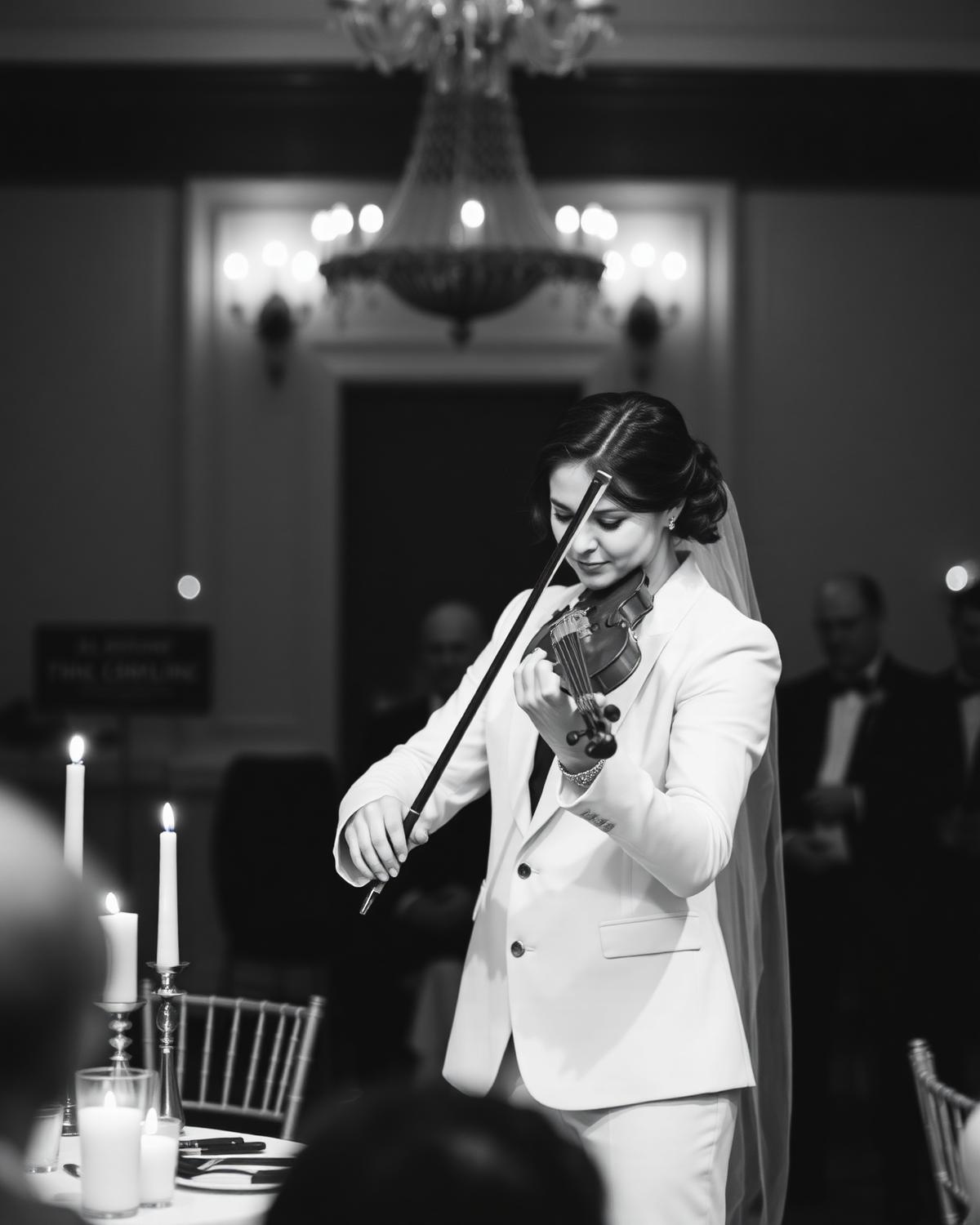Violinista solo em cerimônia de casamento elegante à luz de velas